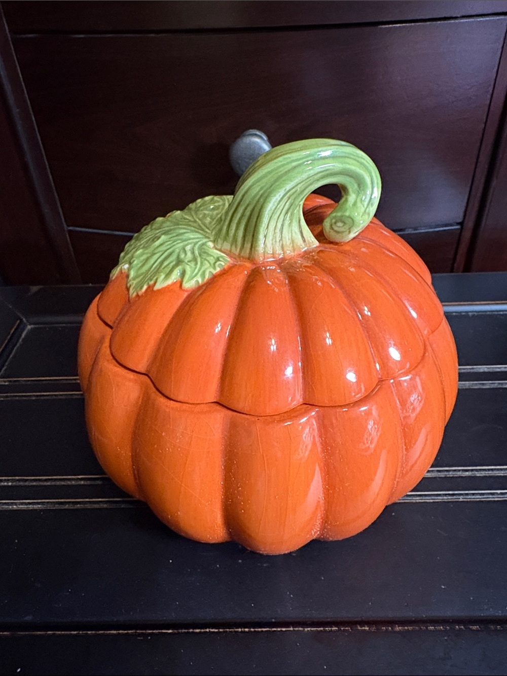 Ceramic Pumpkin Covered Dish - Orange with Green Stem